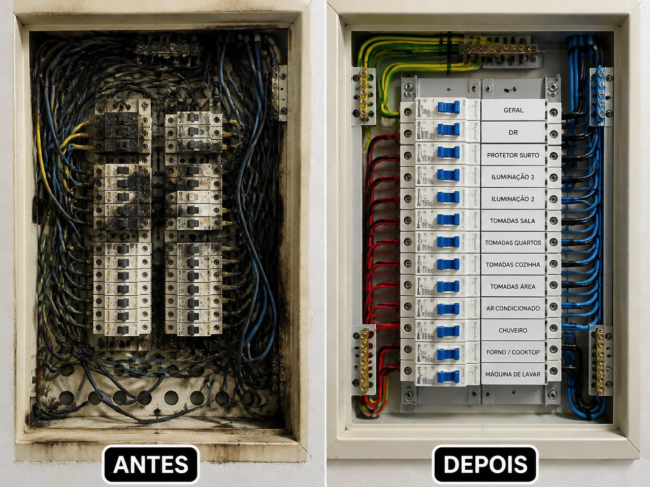 Antes e depois — Organização de quadro elétrico